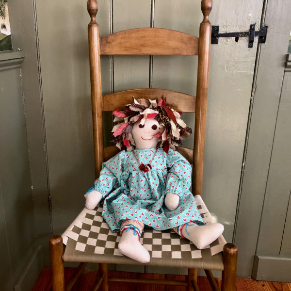 rag doll, turquoise flowered dress, striped bloomers, necklace