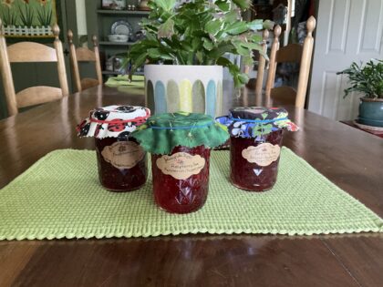 3 jars Raspberry Jam on green placemat on wood dining room table, plant in background