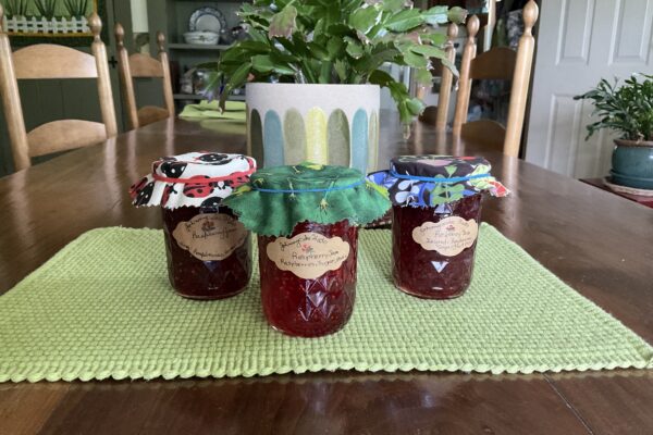 3 jars raspberry jam on green placemat, wood table
