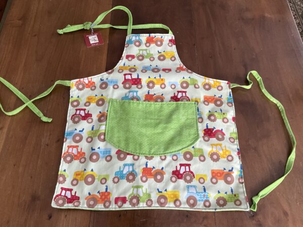 Child's apron multi color tractor green polkadot pocket