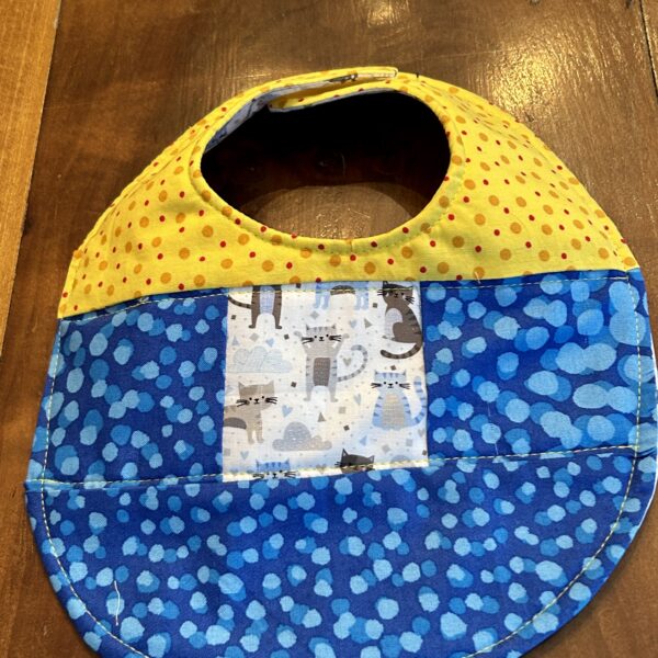 quilted baby bib cats blue yellow fabric
