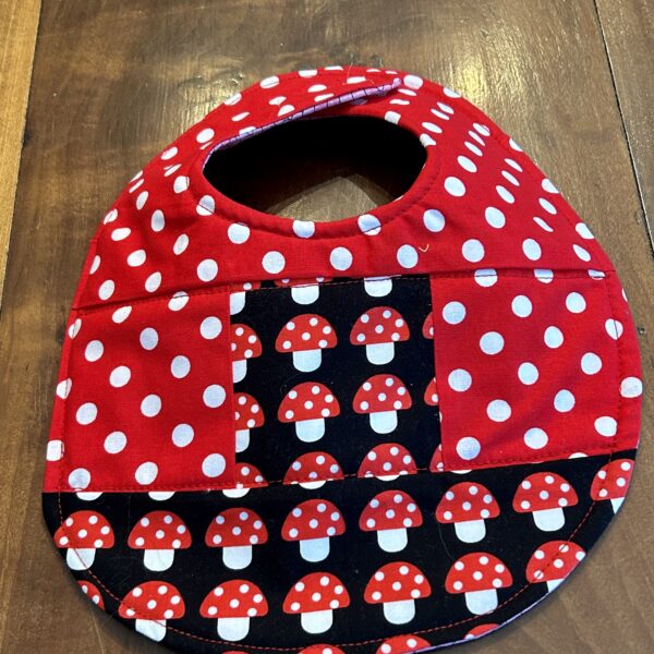 quilted baby bib mushroom, red polkadot