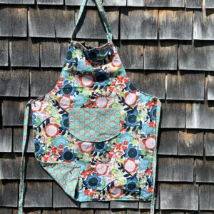 Adult apron multicolored flowers/aqua orange modern print pocket