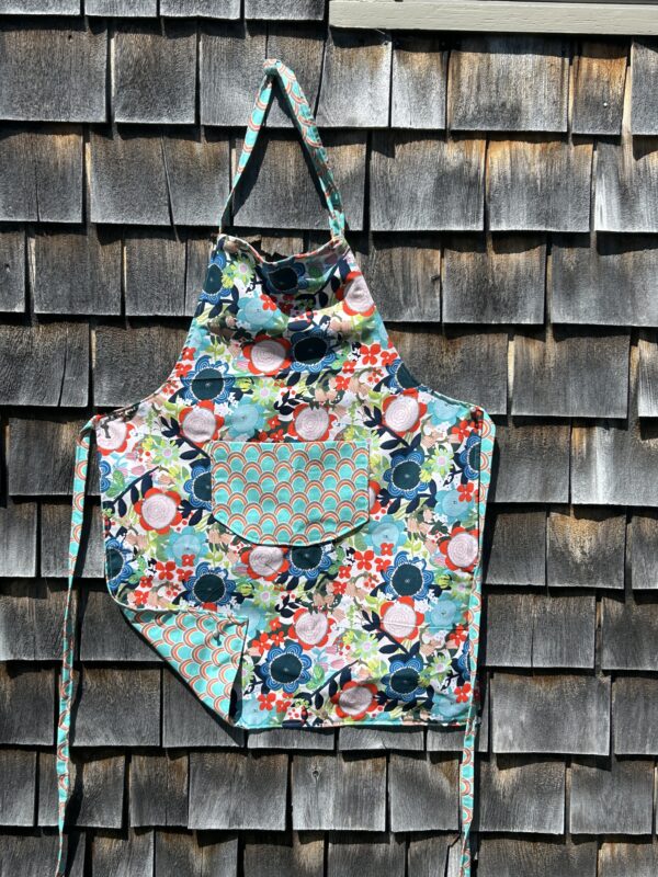 Adult apron multicolored flowers/aqua orange modern print pocket