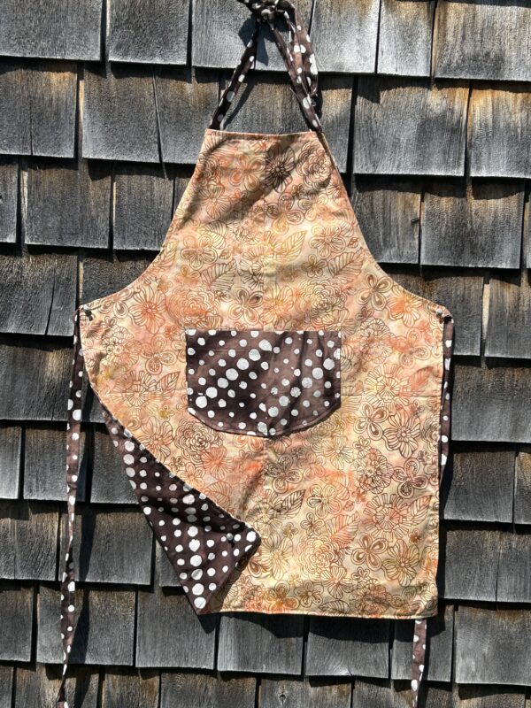 Adult apron batik brown orange flowers/polkadot brown pocket