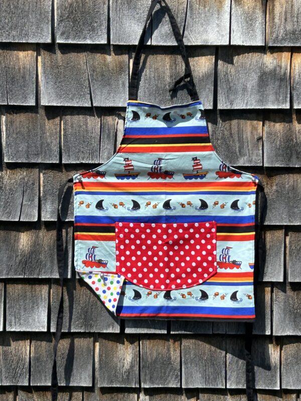 Pirate ships, sharks, with red/white polka dot pocket