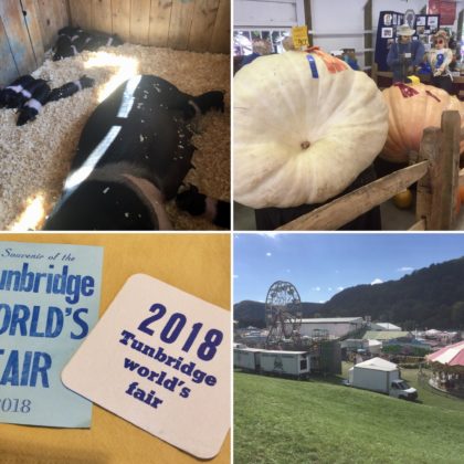 collage of pig, giant squash, tunbridge worlds fair sign, Ferris wheel , concessions