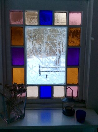 stained glass window, winter scene